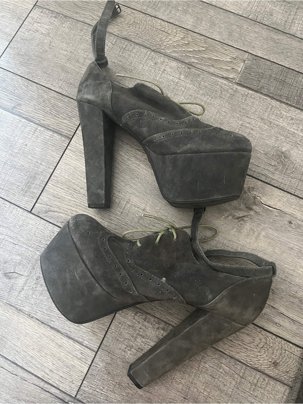 Farylrobin Charcoal Gray Suede Platform Lace-Up Heels